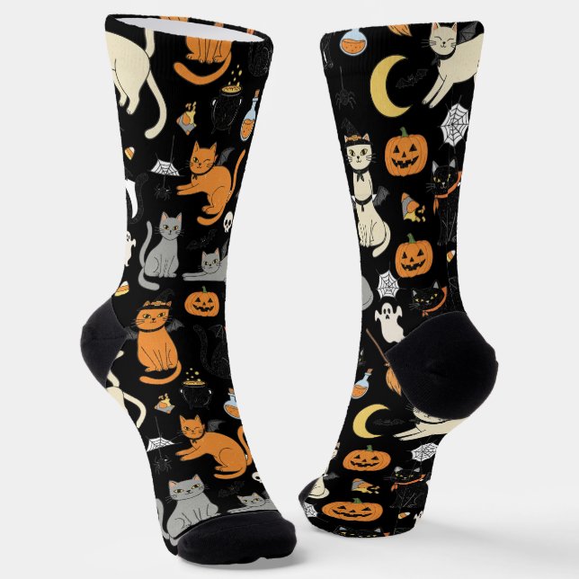 Spooky Cats Halloween Pattern Socks (Angled)
