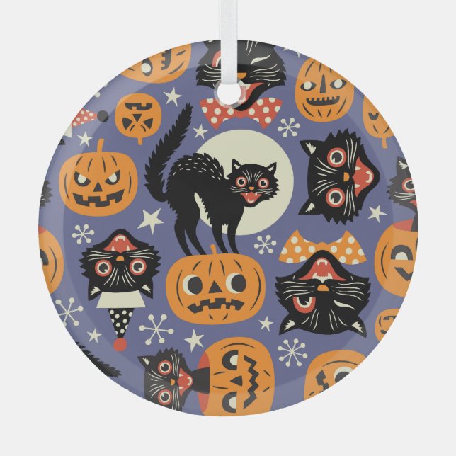Spooky Cats Pumpkins Purple Pattern Glass Ornament (Front)