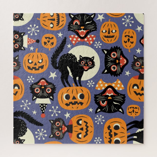 Spooky Cats Pumpkins Purple Pattern Jigsaw Puzzle (Vertical)