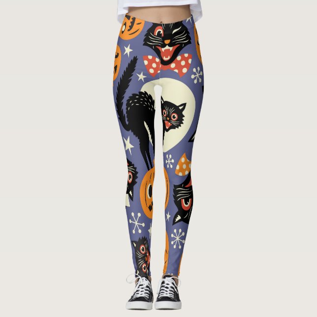 Spooky Cats Pumpkins Purple Pattern Leggings (Front)