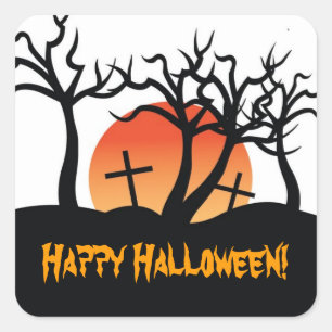 Spooky Cemetery Happy Halloween Postage Stamp Square Sticker
