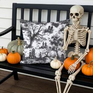 Spooky Cemetery Toile de Jouy Pattern Grey White Outdoor Pillow