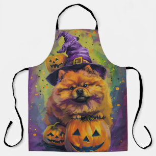 Spooky Chow Chow Dog Halloween Witch And Pumpkin Apron