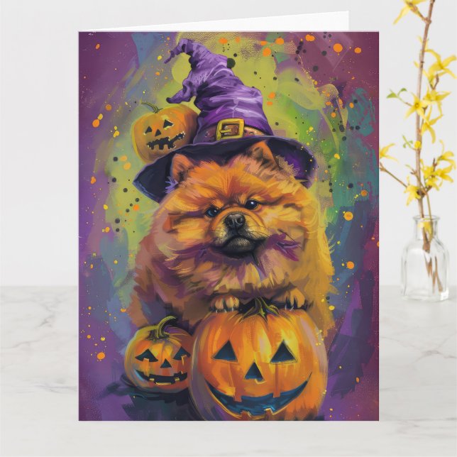 Spooky Chow Chow Dog Halloween Witch And Pumpkin  Card (Yellow Flower)