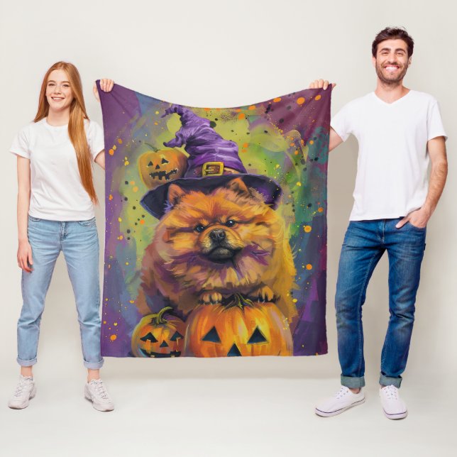 Spooky Chow Chow Dog Halloween Witch And Pumpkin  Fleece Blanket (In Situ)