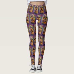 Spooky Chow Chow Dog Halloween Witch And Pumpkin  Leggings