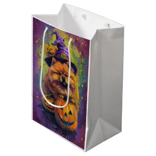 Spooky Chow Chow Dog Halloween Witch And Pumpkin  Medium Gift Bag