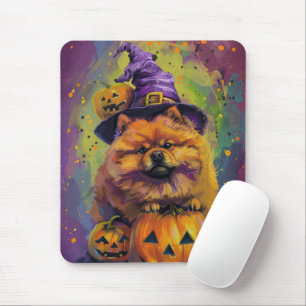 Spooky Chow Chow Dog Halloween Witch And Pumpkin  Mouse Pad