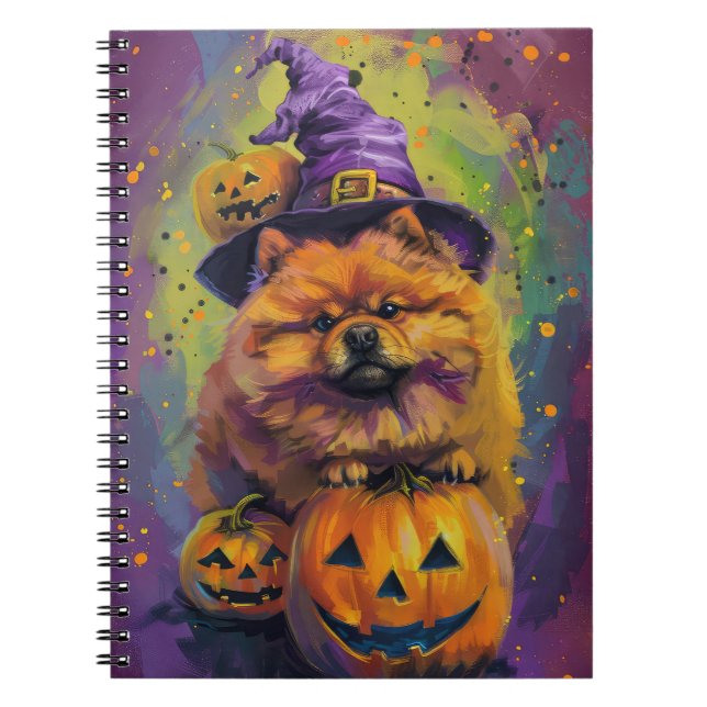 Spooky Chow Chow Dog Halloween Witch And Pumpkin  Notebook (Front)