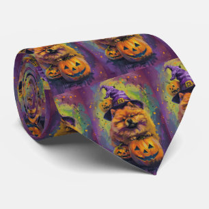 Spooky Chow Chow Dog Halloween Witch And Pumpkin Tie