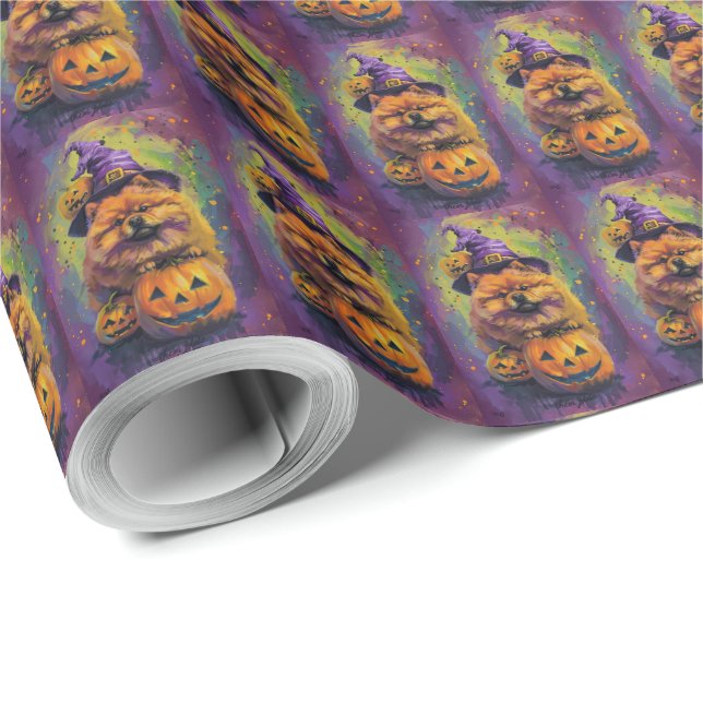 Spooky Chow Chow Dog Halloween Witch And Pumpkin  Wrapping Paper (Roll Corner)
