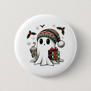 Spooky Christmas Halloween Ghost Santa Hat 2 Inch Round Button