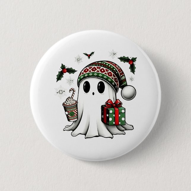 Spooky Christmas Halloween Ghost Santa Hat 2 Inch Round Button (Front)