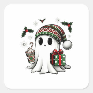 Spooky Christmas Halloween Ghost Santa Hat Square Sticker