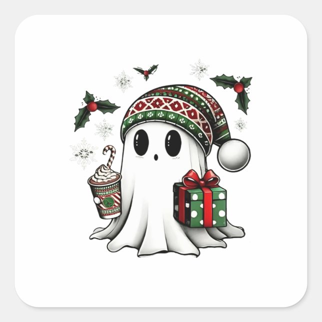 Spooky Christmas Halloween Ghost Santa Hat Square Sticker (Front)
