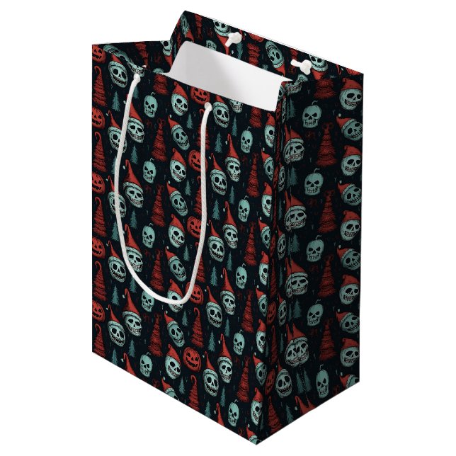 Spooky Christmas Halloween Skulls Medium Gift Bag (Front Angled)