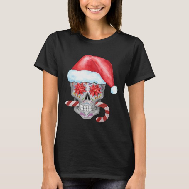 Spooky Christmas Skull Wearing Santa Hat   T-Shirt (Front)