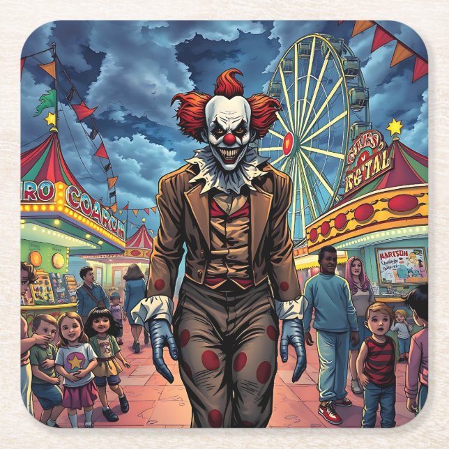 Spooky Clown at Carnival Comic Style Square Paper Coaster (Front)