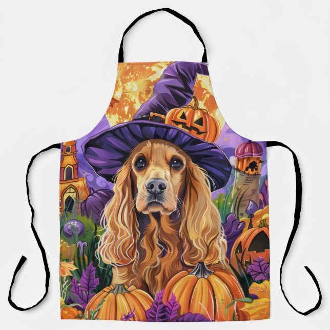 Spooky Cocker Spaniel Dog Halloween Witch Pumpkin Apron (Front)