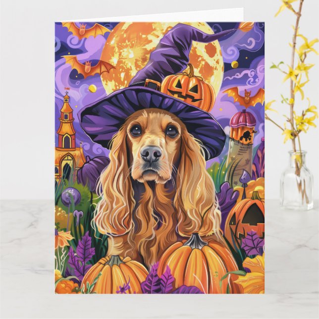 Spooky Cocker Spaniel Dog Halloween Witch Pumpkin Card (Yellow Flower)