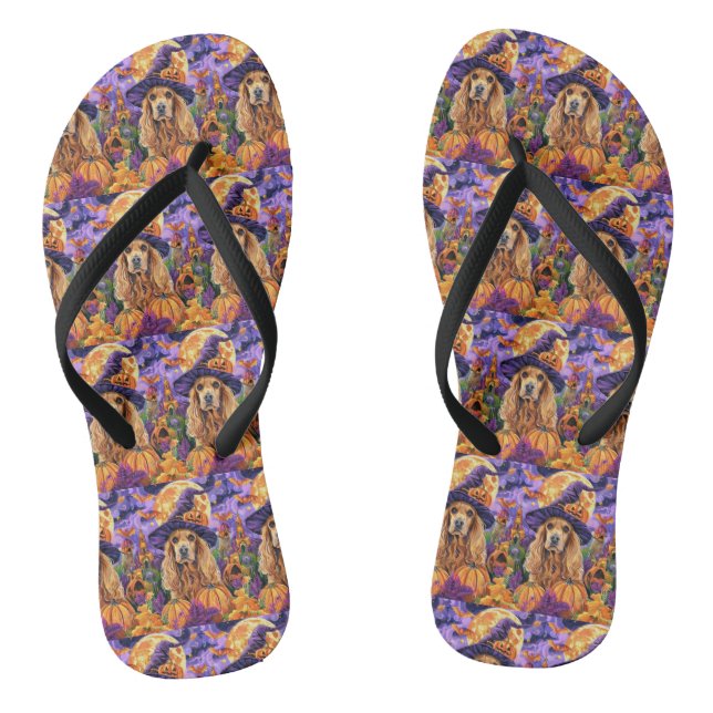 Spooky Cocker Spaniel Dog Halloween Witch Pumpkin Flip Flops (Footbed)