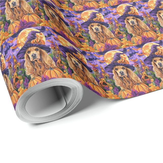 Spooky Cocker Spaniel Dog Halloween Witch Pumpkin Wrapping Paper (Roll Corner)