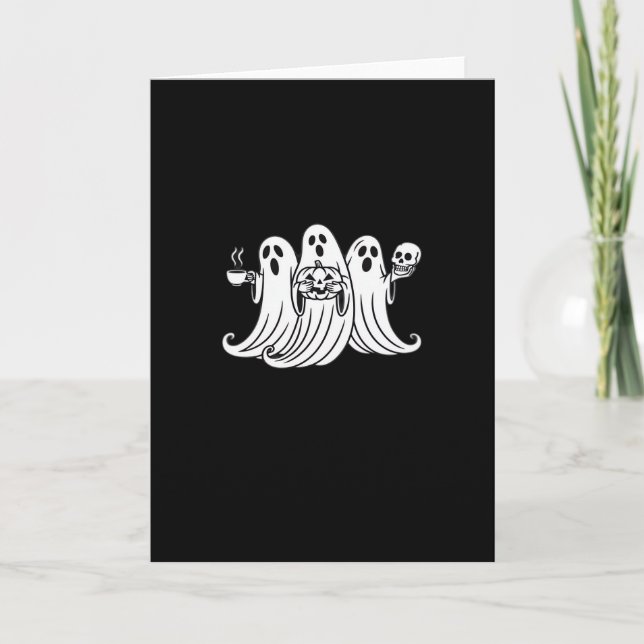Spooky Coffee-Sipping Pumpkin-Holding Skull-Displa Card (Front)