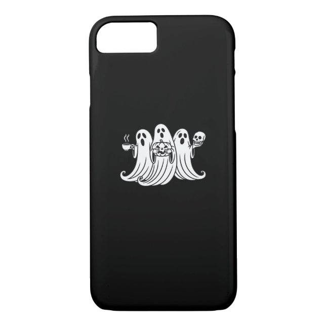 Spooky Coffee-Sipping Pumpkin-Holding Skull-Displa Case-Mate iPhone Case (Back)