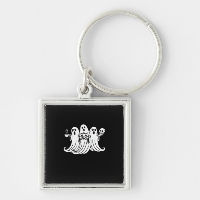 Spooky Coffee-Sipping Pumpkin-Holding Skull-Displa Keychain (Front)