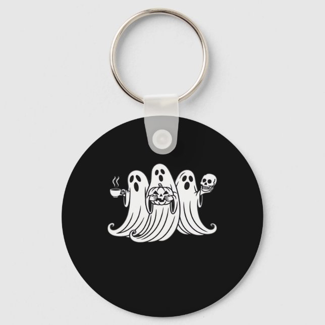 Spooky Coffee-Sipping Pumpkin-Holding Skull-Displa Keychain (Front)