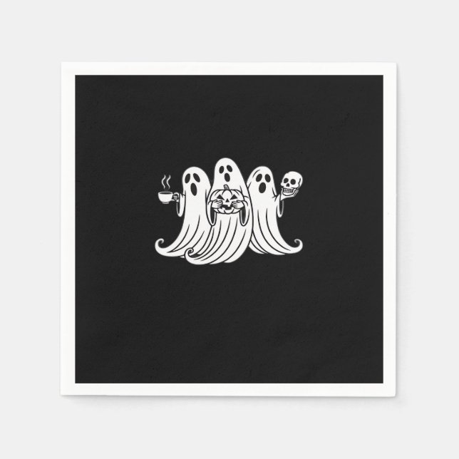 Spooky Coffee-Sipping Pumpkin-Holding Skull-Displa Napkin (Front)