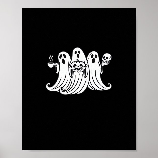 Spooky Coffee-Sipping Pumpkin-Holding Skull-Displa Poster (Front)