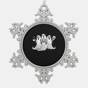 Spooky Coffee-Sipping Pumpkin-Holding Skull-Displa Snowflake Pewter Christmas Ornament