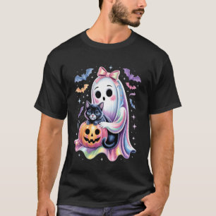 Spooky Coquette Ghost Cats Pumpkin Cute Black Cat T-Shirt