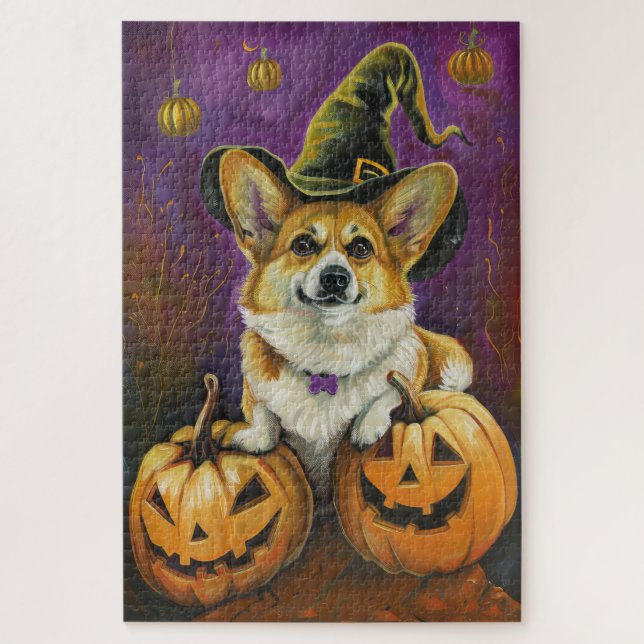 Spooky Corgi Dog Halloween Witch Pumpkin Jigsaw Puzzle (Vertical)