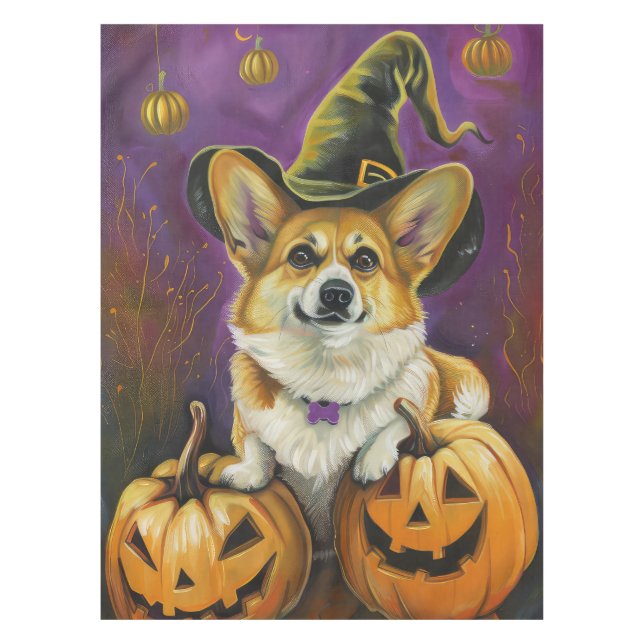 Spooky Corgi Dog Halloween Witch Pumpkin Tablecloth (Front)