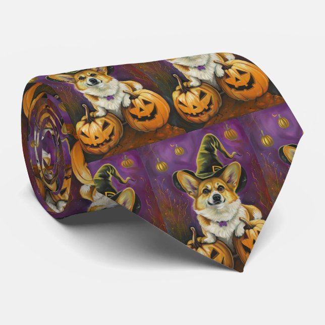 Spooky Corgi Dog Halloween Witch Pumpkin Tie (Rolled)