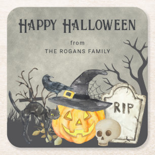 Spooky Costumes and Cocktails Halloween Square Paper Coaster