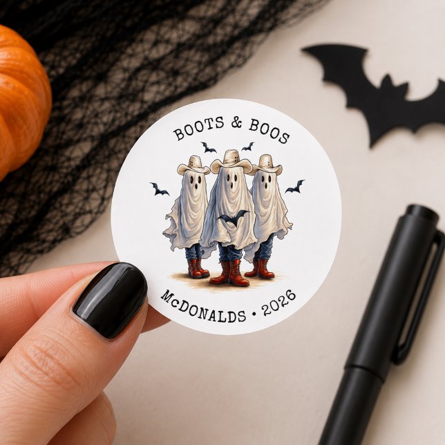 Spooky Cowboy Ghosts Personalized Halloween Classic Round Sticker (Add Name & Year to customize.  Matching items available in the collection)