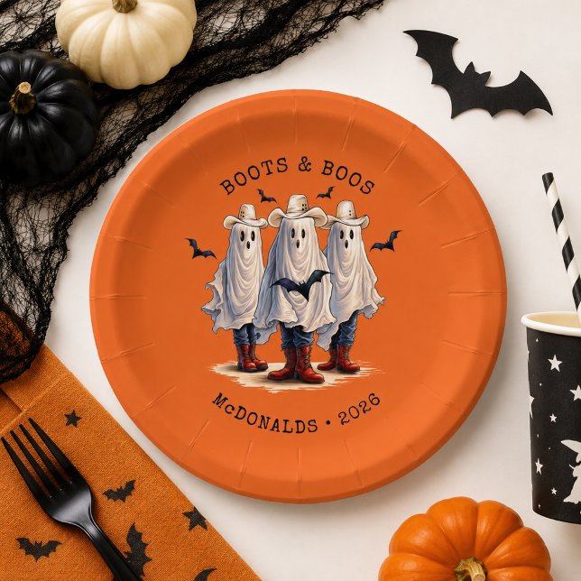Spooky Cowboy Ghosts Personalized Halloween Paper Plate (Customize with family name & date.  Matching items available in the collection)
