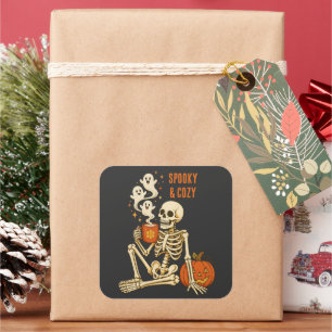 Spooky Cozy Skeleton Pumpkin Coffee Halloween Square Sticker