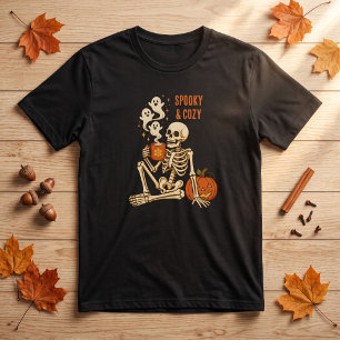 Spooky Cozy Skeleton Pumpkin Coffee Halloween T-Shirt