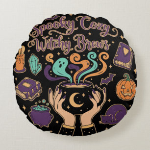Spooky Cozy Witchy Brews Cute Halloween Aesthet Round Pillow