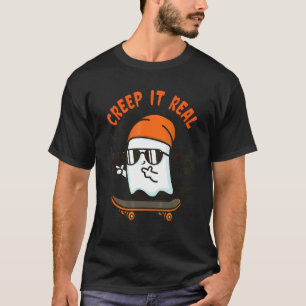 Spooky Creep it Real Ghost Skateboard Halloween Sc T-Shirt