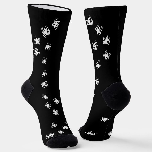 Spooky creepy black white crawling spiders fun socks (Angled)