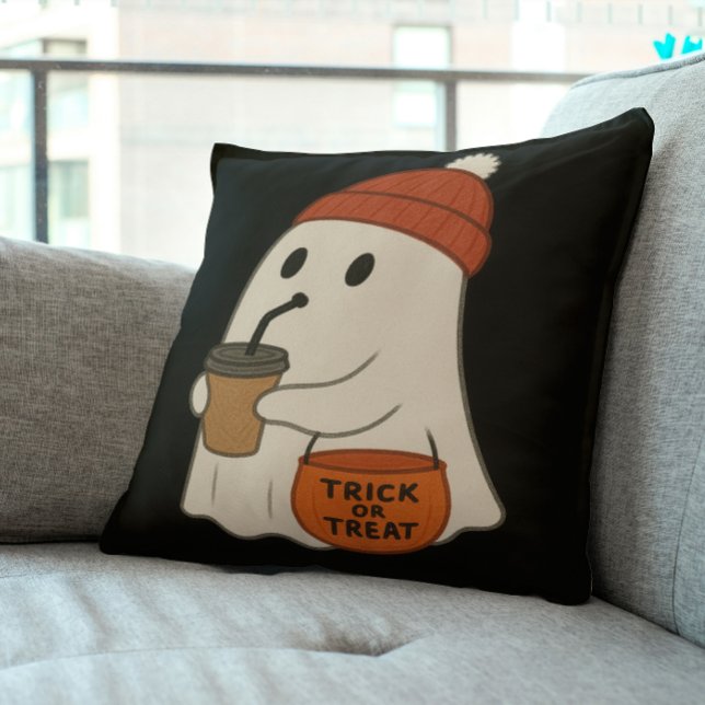 Spooky Cute Adorable Ghost Red Beanie Halloween  Throw Pillow (Creator Uploaded)