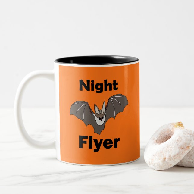 Spooky Cute Bat Night Flyer  Two-Tone Coffee Mug (With Donut)