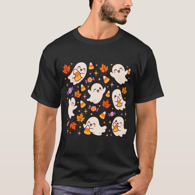 Spooky Cute Candy Corn Ghost Pattern T-Shirt (Front)