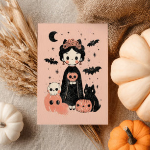 Spooky Cute Frida Kahlo Retro Pink Halloween Postcard