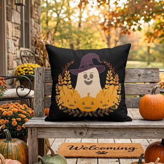 Spooky Cute Ghost And Pumpkins Autumn Wreath Outdoor Pillow